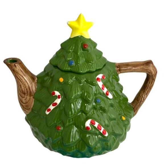 Holiday Teapot Christmas Tree Whimsical Vintage Glazed Ceramic Hand Painted - Picture 12 of 16